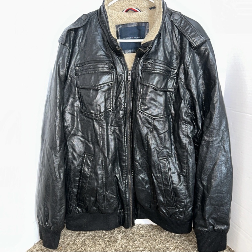 Tommy Hilfiger Mens Faux Leather Jacket  L Brown Sherpa Lined Distressed